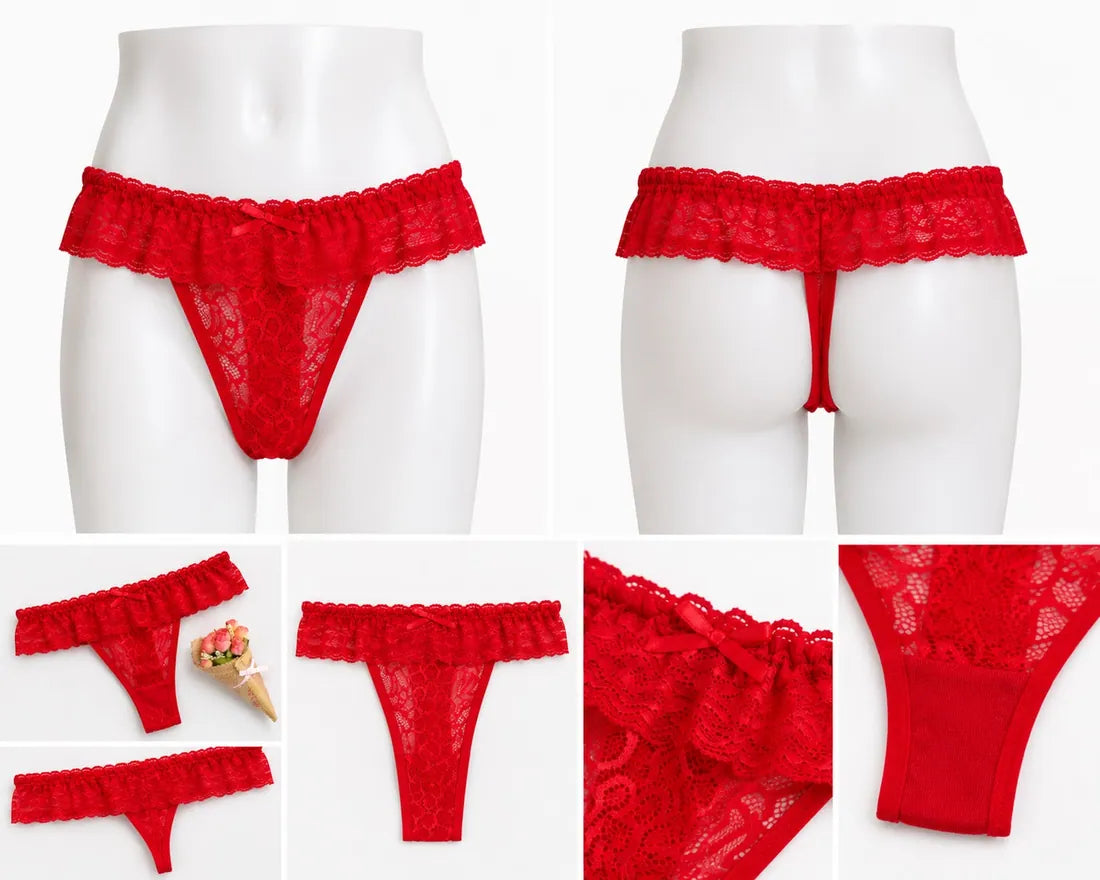 Diamante Trim Crisscross Thong in Red, photo 3