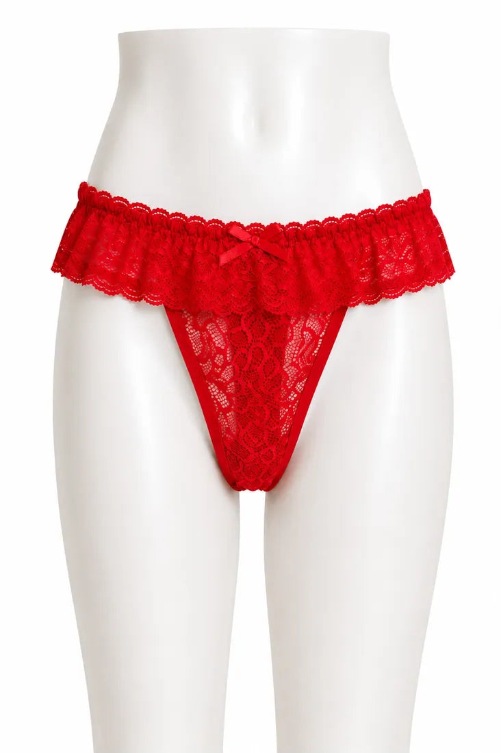 Diamante Trim Crisscross Thong in Red, front view