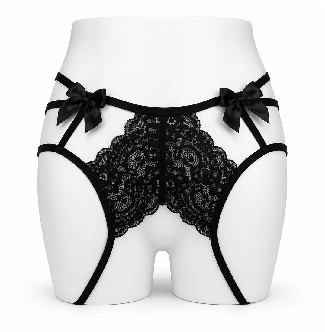 Gold Ring Lace Cutout Thong in Black, front view