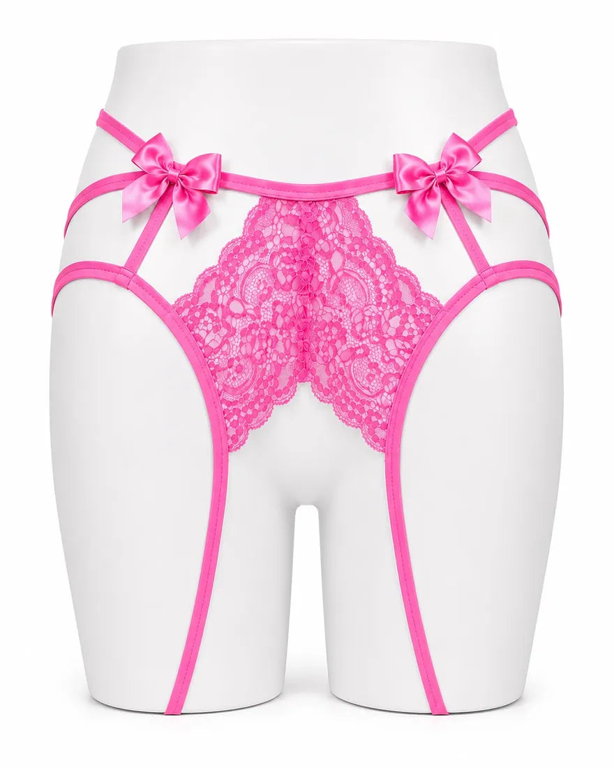 Gold Ring Lace Cutout Thong in Light Pink, front view