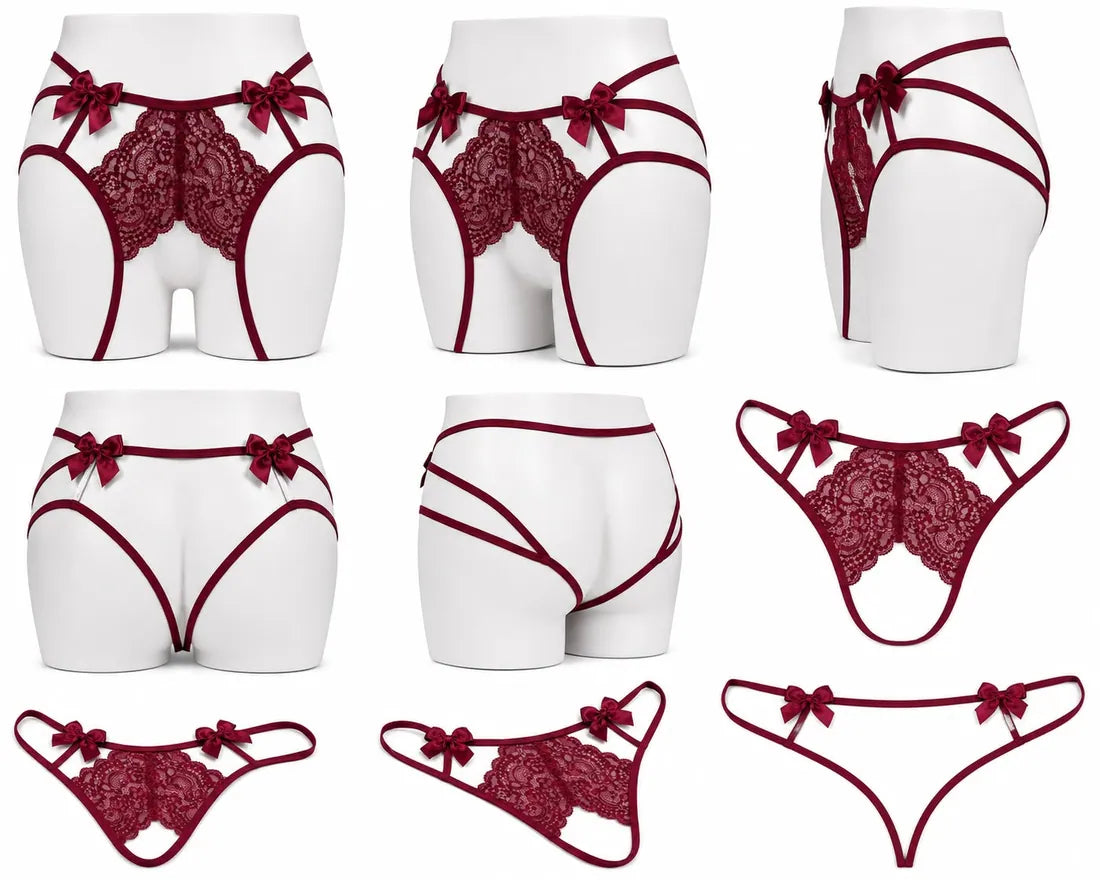 Gold Ring Lace Cutout Thong in Maroon, photo 3