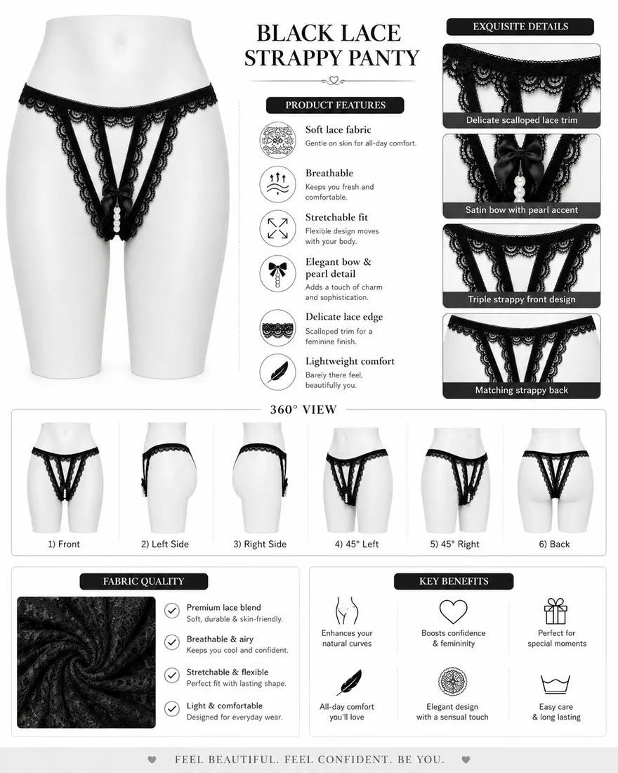 Lace Trim Crisscross Thong in Black, photo 3