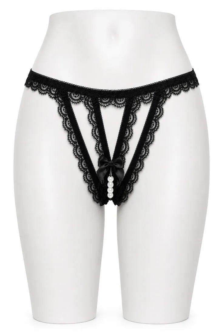 Lace Trim Crisscross Thong in Black, front view