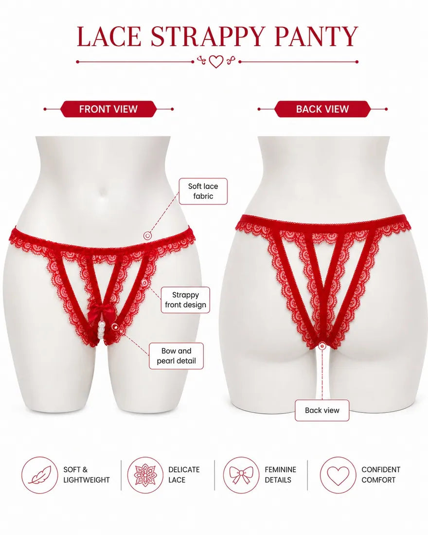 Lace Trim Crisscross Thong in Red, photo 3