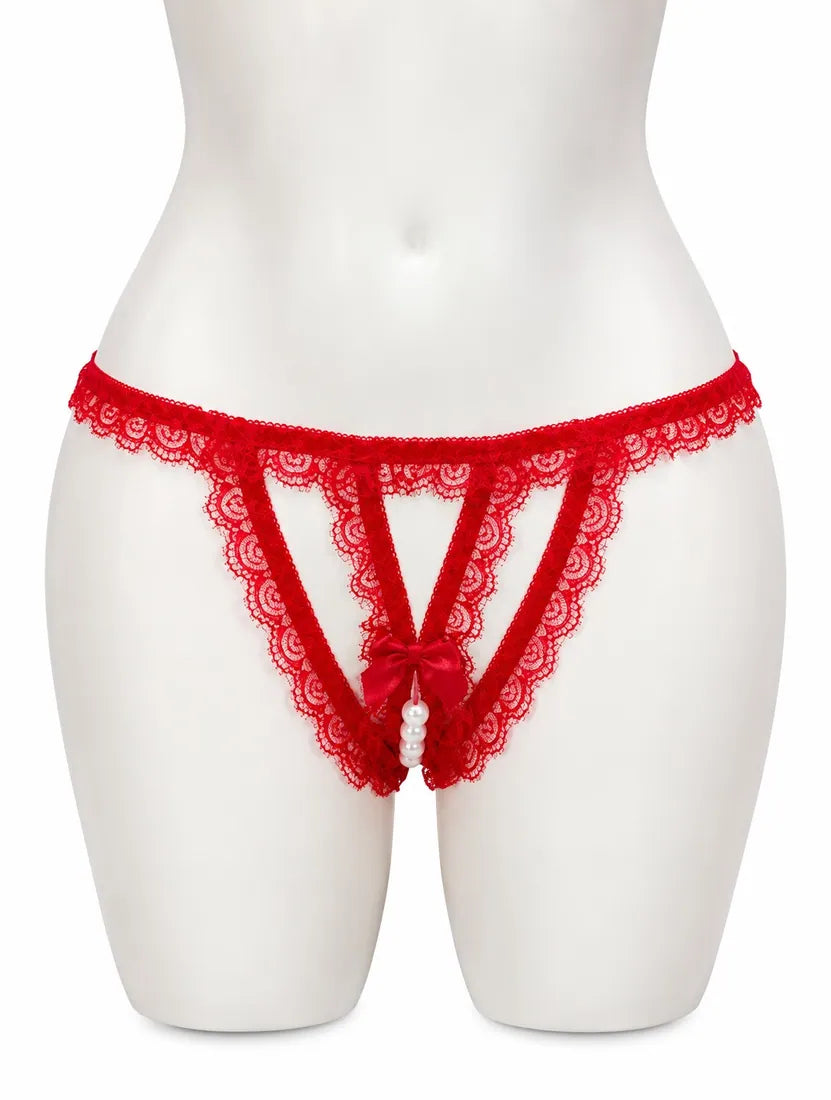 Lace Trim Crisscross Thong in Red, front view