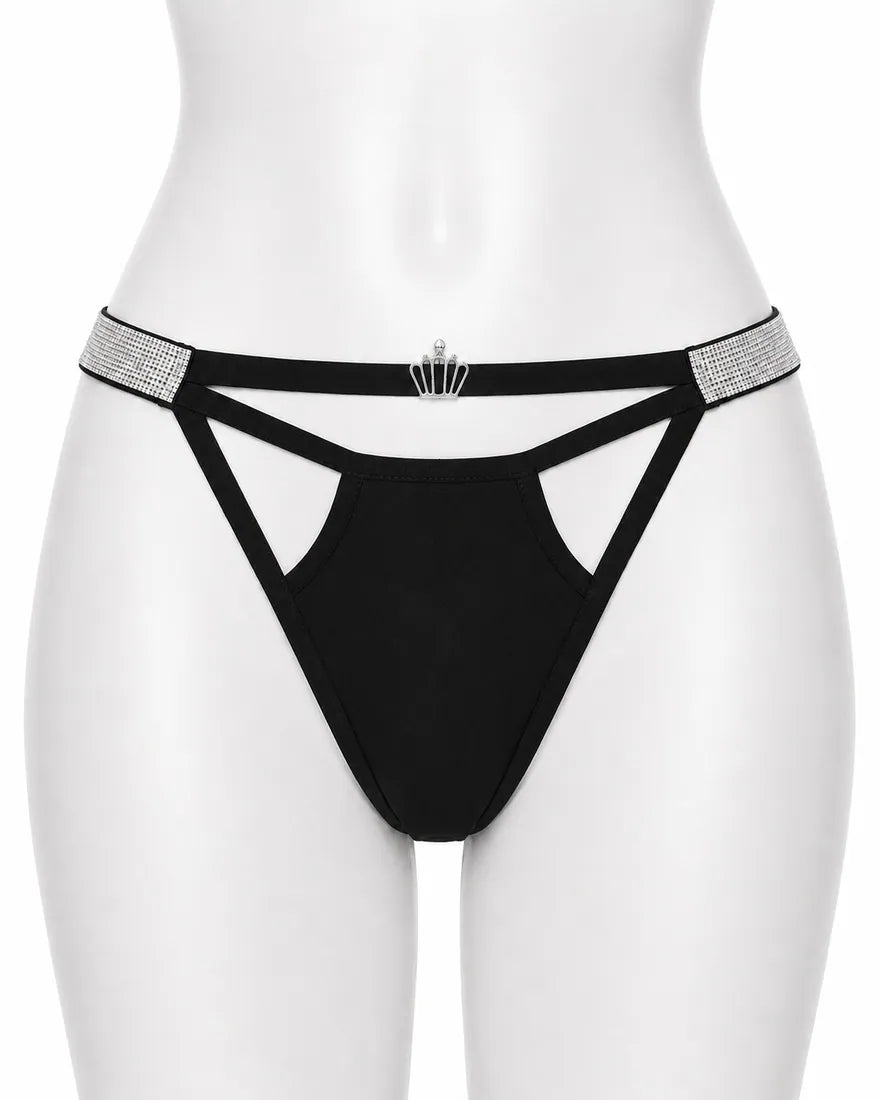 Diamante Strappy Cutout Thong in Black, front view