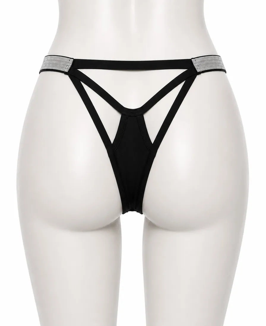 Diamante Strappy Cutout Thong in Black, photo 2