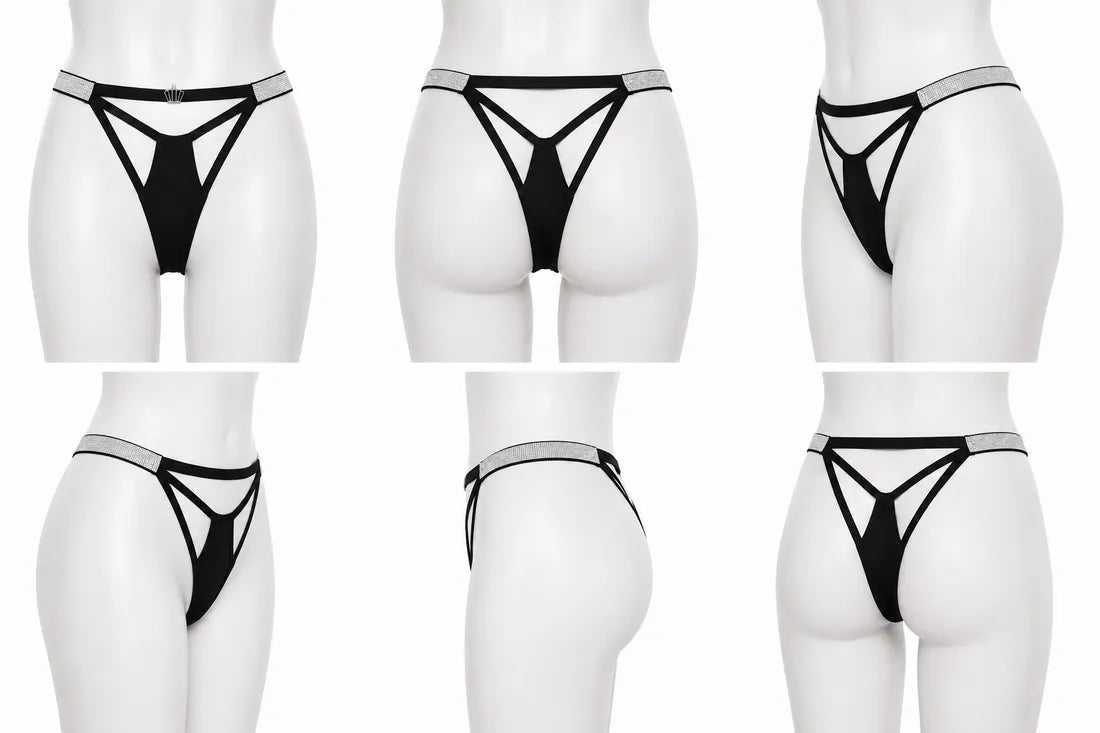 Diamante Strappy Cutout Thong in Black, photo 3