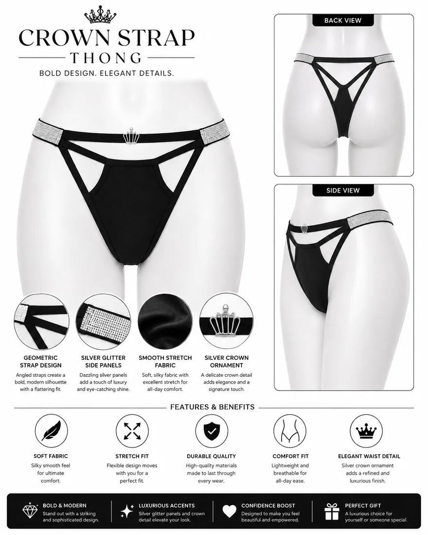 Diamante Strappy Cutout Thong in Black, photo 4