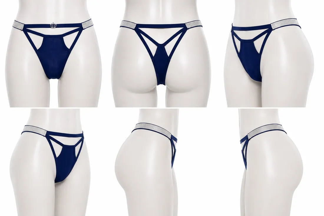 Diamante Strappy Cutout Thong in Blue, photo 3