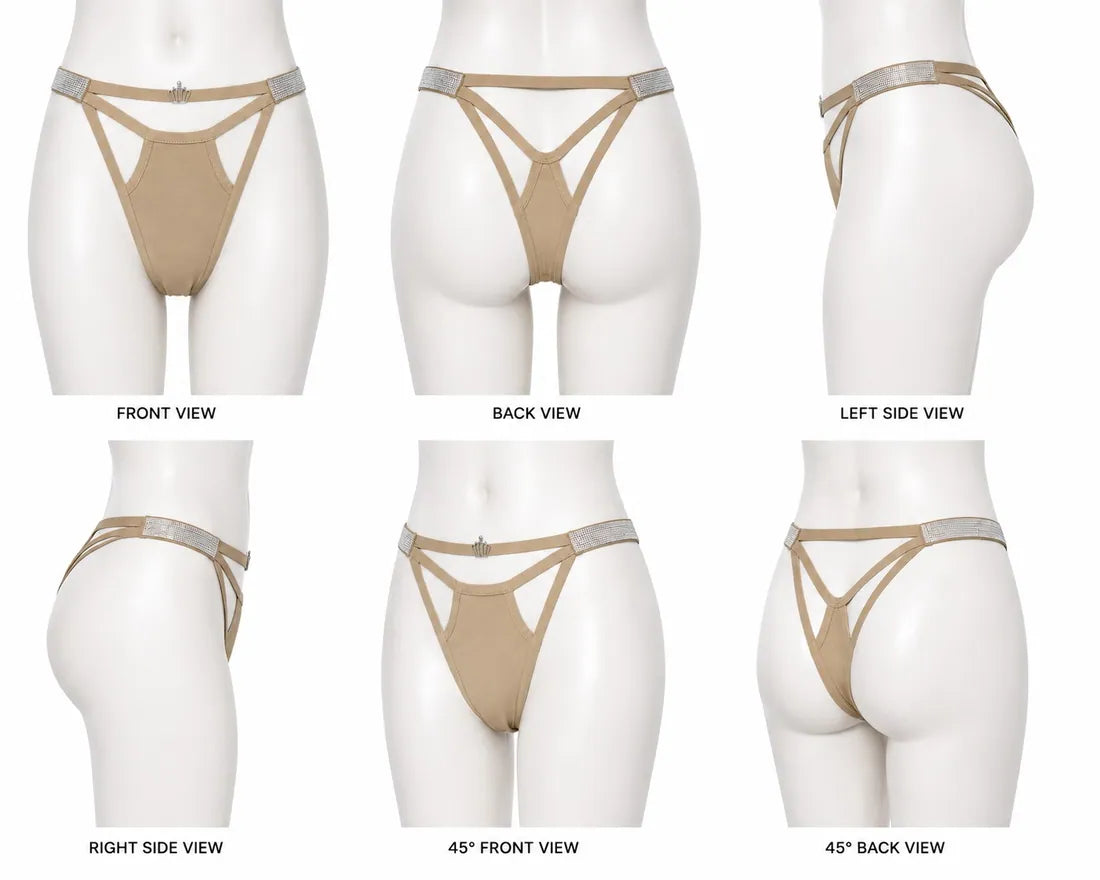 Diamante Strappy Cutout Thong in Cream, photo 3