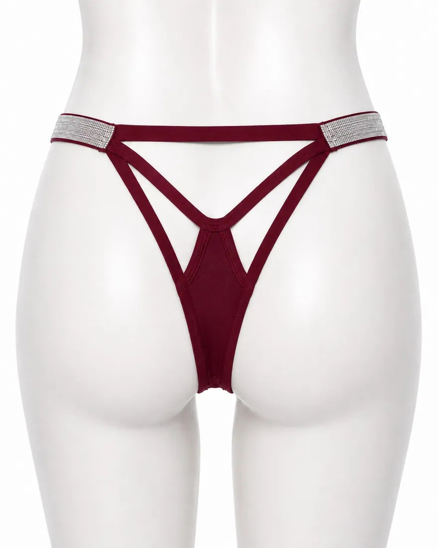 Diamante Strappy Cutout Thong in Maroon, photo 2