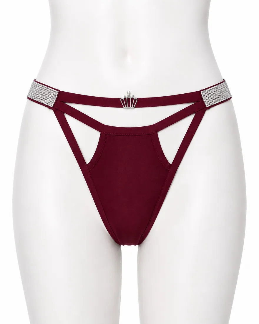 Diamante Strappy Cutout Thong in Maroon, photo 1