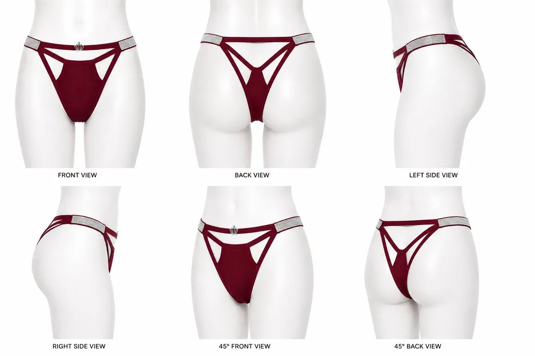 Diamante Strappy Cutout Thong in Maroon, photo 3
