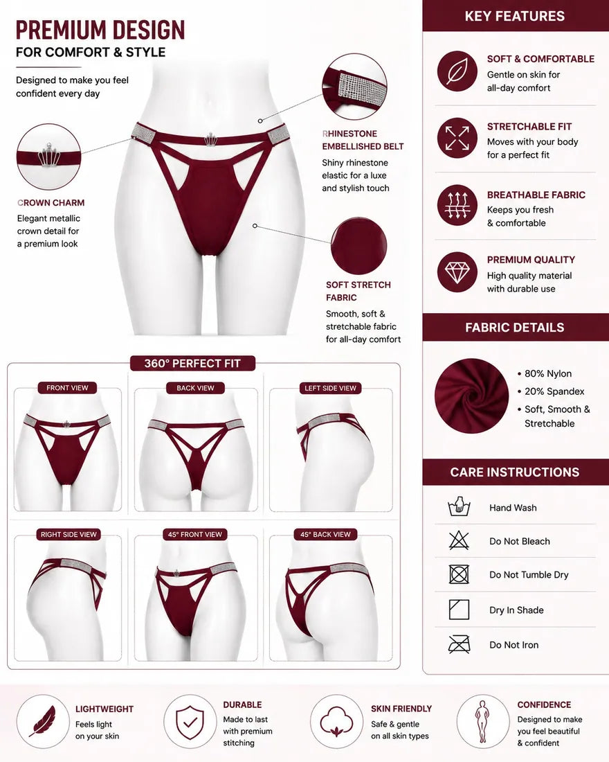 Diamante Strappy Cutout Thong in Maroon, photo 4