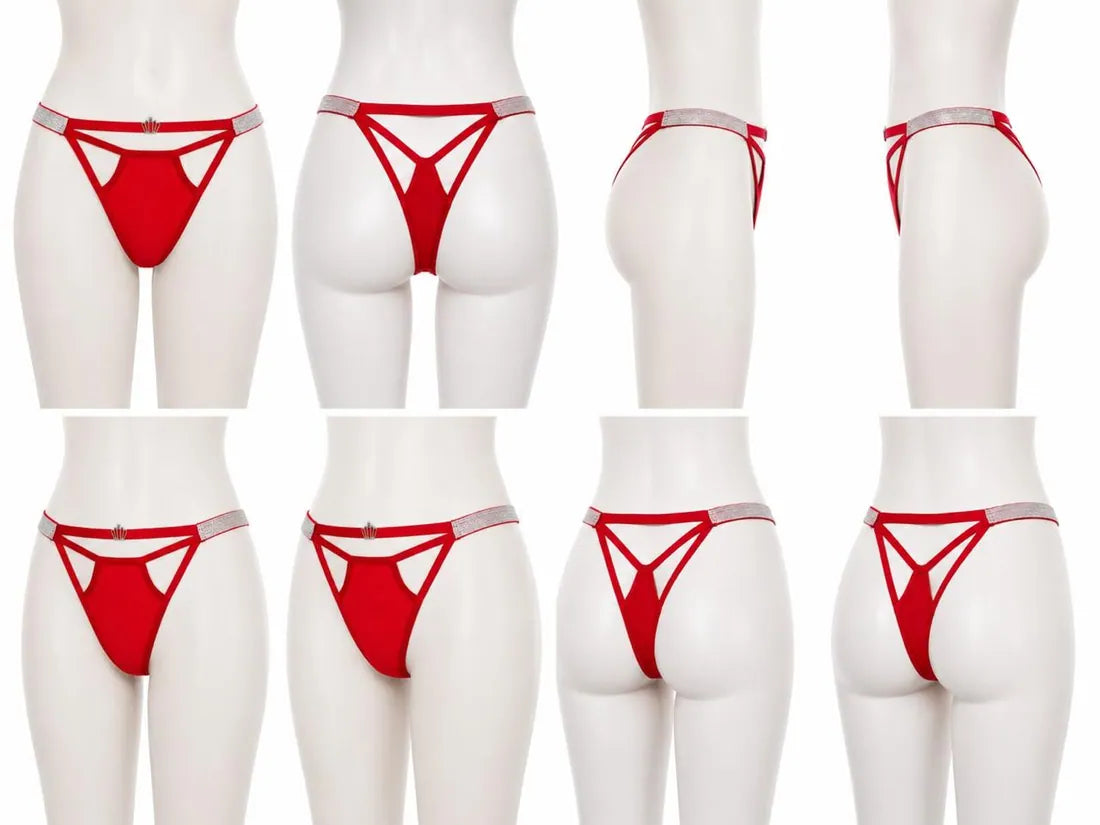 Diamante Strappy Cutout Thong in Red, photo 3