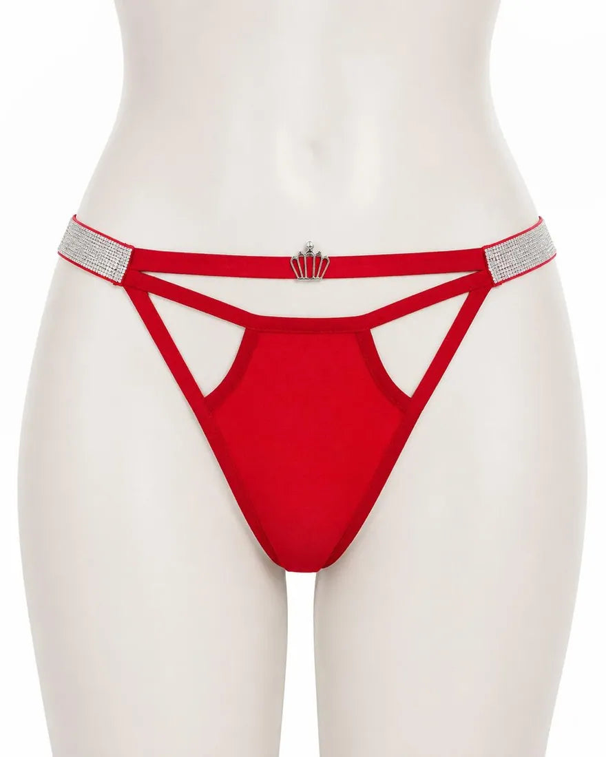 Diamante Strappy Cutout Thong in Red, front view