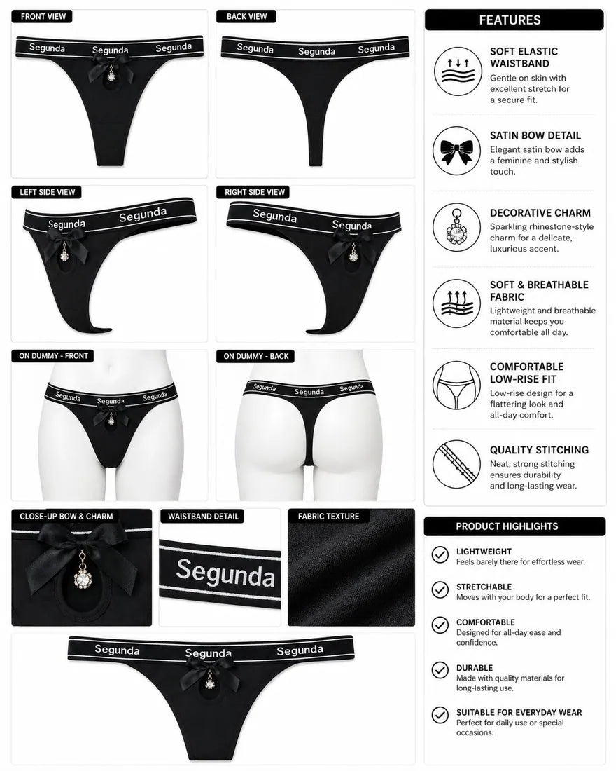 Charm Pendant Bow Panty in Black, photo 3