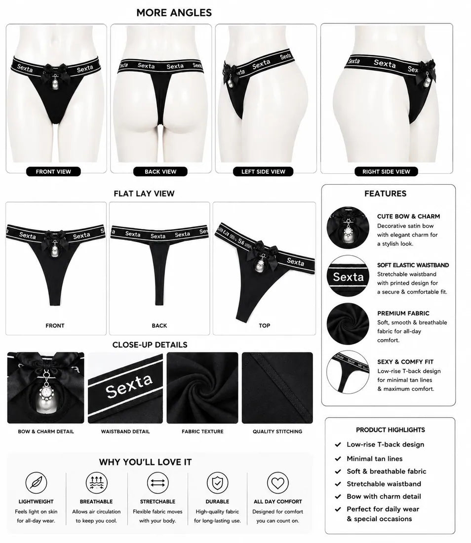 Charm Pendant Bow Panty in Black, photo 4