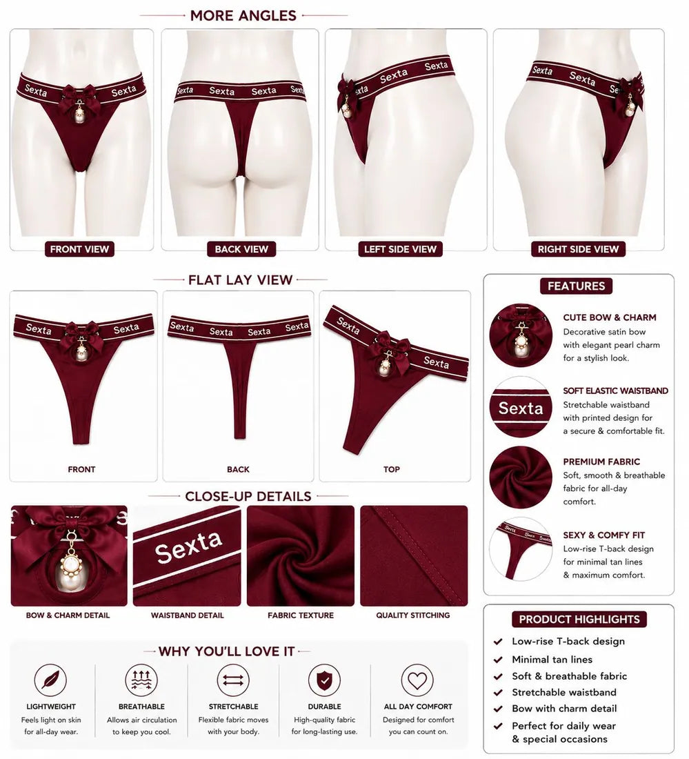 Charm Pendant Bow Panty in Maroon, photo 3